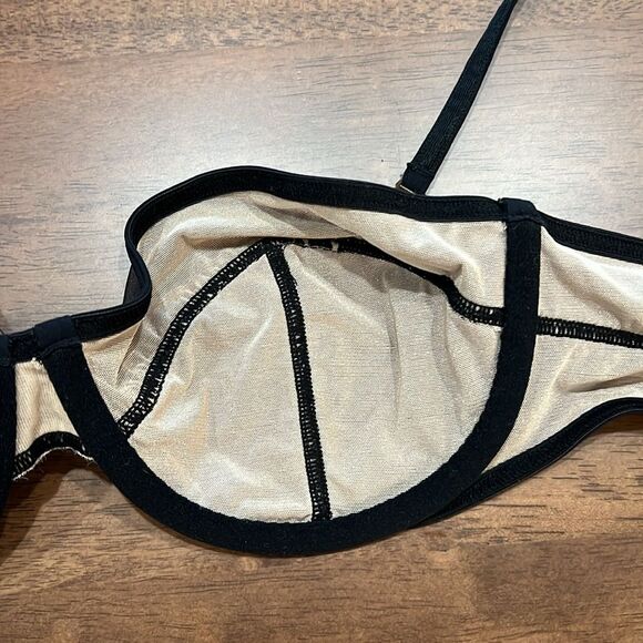Victoria’s Secret Sheer Black & Tan Metalic Mesh Balconette Bra Gold Accents 36B - Picture 9 of 10